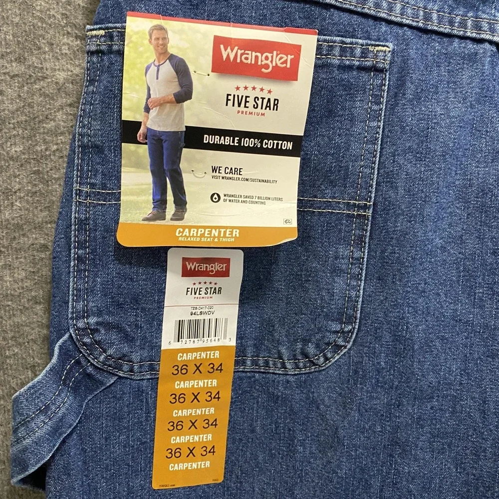 NEW Wrangler Five Star Carpenter Jeans Men 36x34 Blue Relaxed Fit Denim Workwear